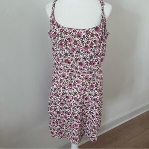 Old Navy Pink and White Floral Fit & Flare Linen Blend Dress | Size Large|